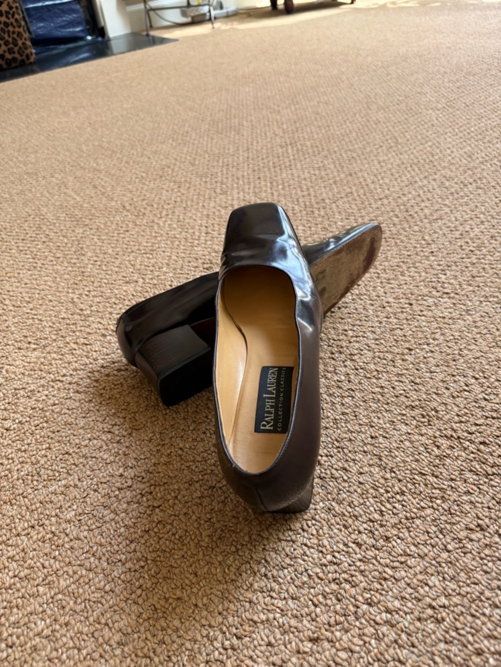 Ralph Lauren Black Patent Leather Low Block Heel Loafers